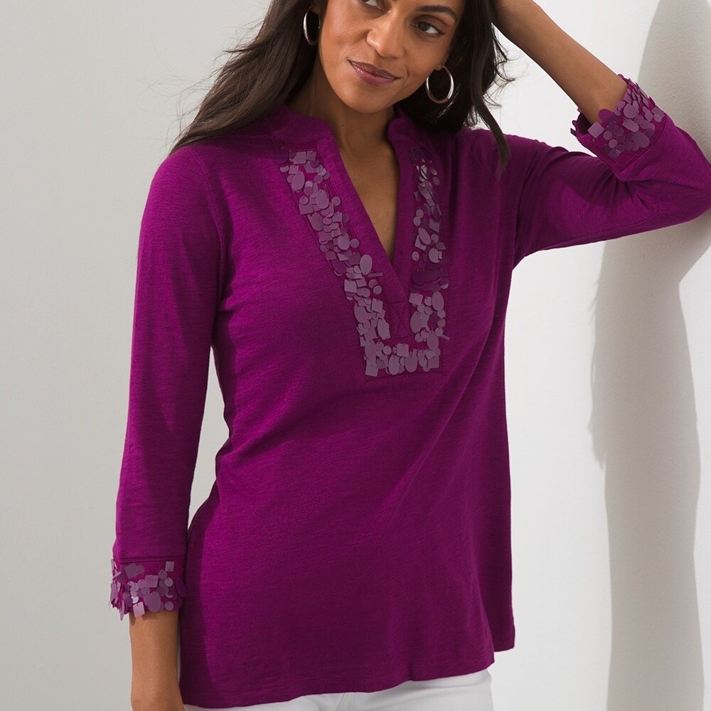 NWT Chico’s Sequin Notch Neck Embellished Slub Tunic 3/4 Sleeve Fuchsia 2/Large